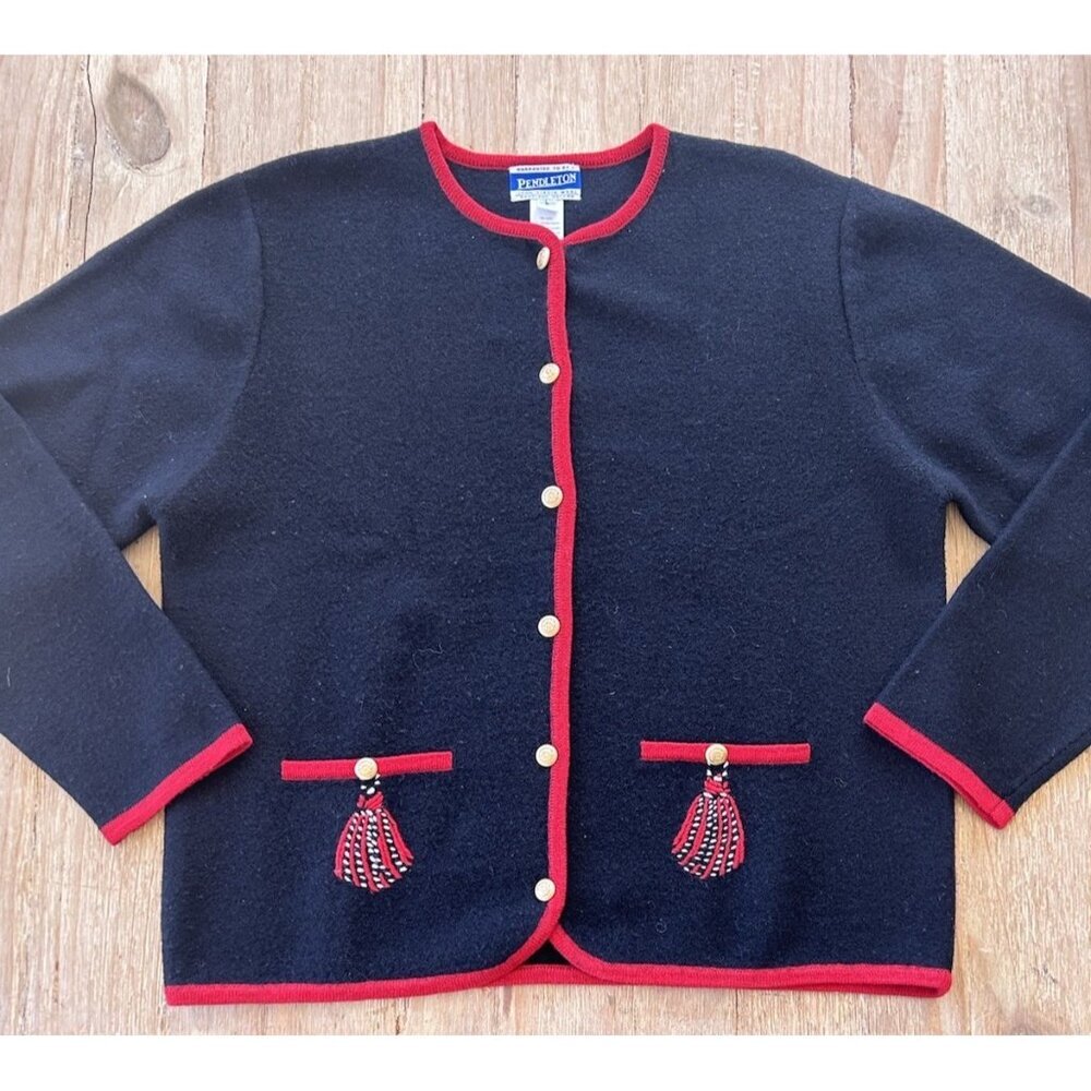 Pendleton Vintage Merino Wool Black Red Cardigan Sweater Embroidered Gold Button